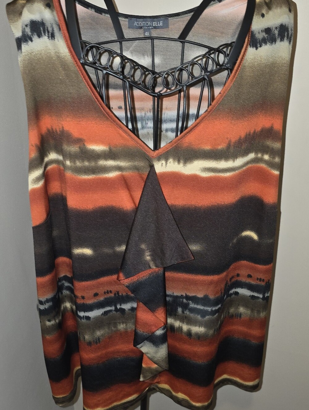 Addition Elle Orange, Black & Cream Striped V-Neck Ruffle Tank